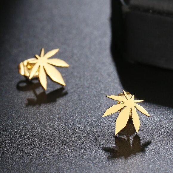 Gold Weed Leaf Stud Earrings Hypoallergenic Stainless Steel Marijuana Jewelry‎ - Picture 4 of 4